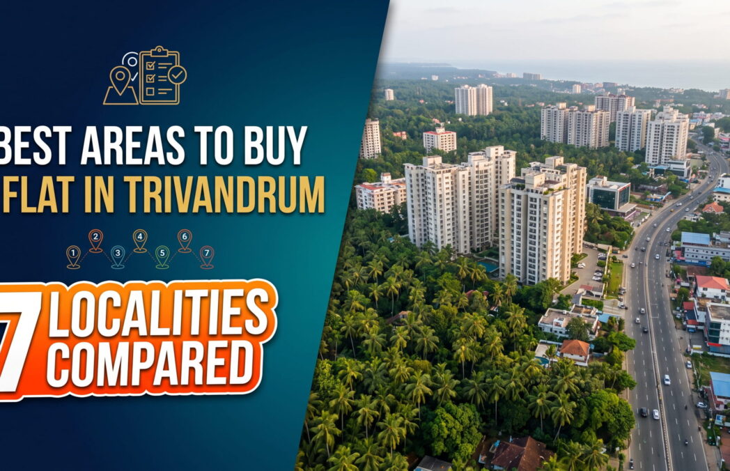 Aerial view of high-rise apartment towers and flats in Trivandrum, Kerala, surrounded by lush green coconut trees and highways, with a graphic overlay on the left reading