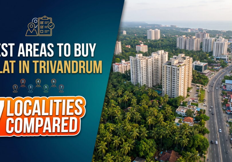 Aerial view of high-rise apartment towers and flats in Trivandrum, Kerala, surrounded by lush green coconut trees and highways, with a graphic overlay on the left reading