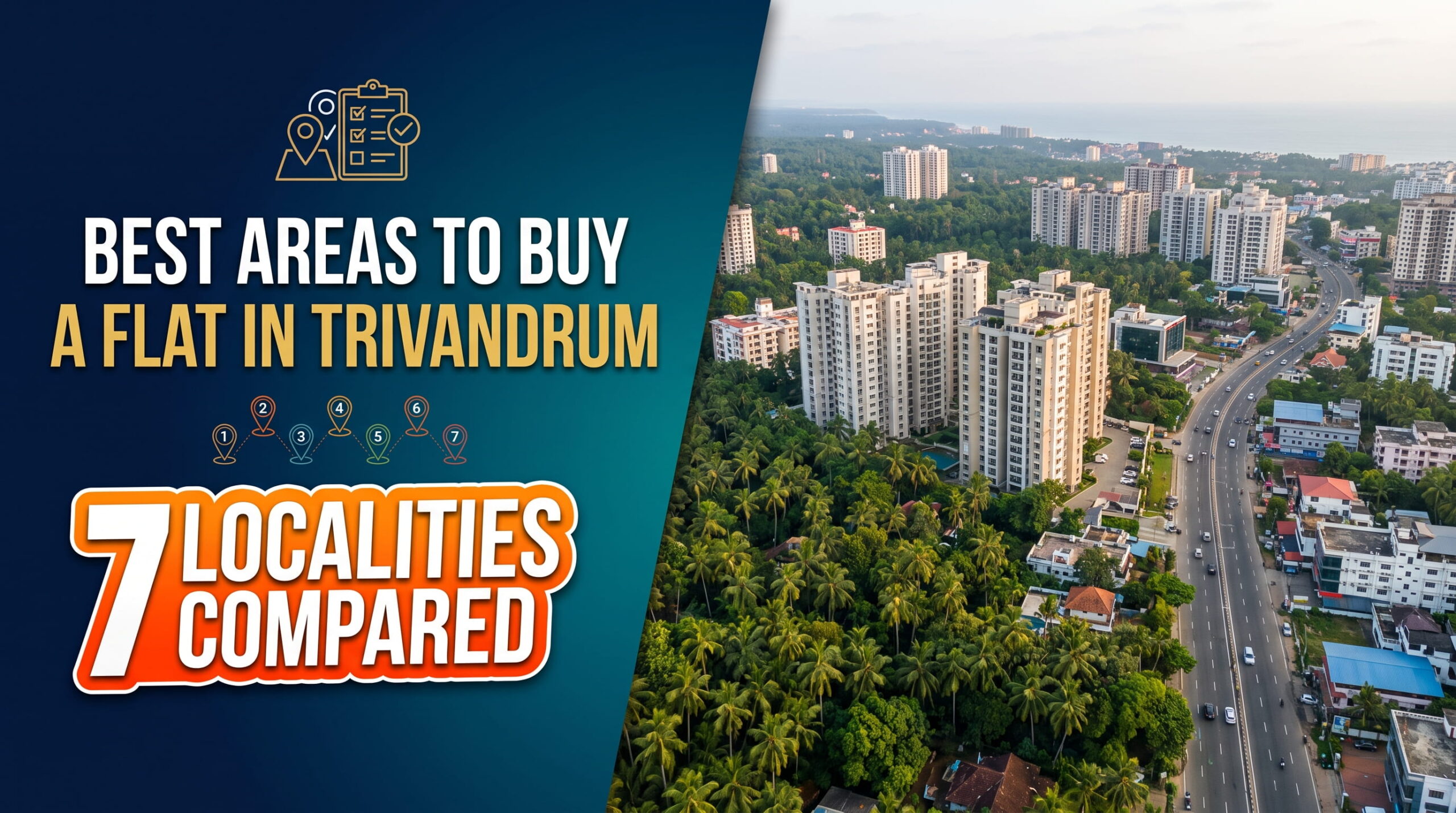 Aerial view of high-rise apartment towers and flats in Trivandrum, Kerala, surrounded by lush green coconut trees and highways, with a graphic overlay on the left reading
