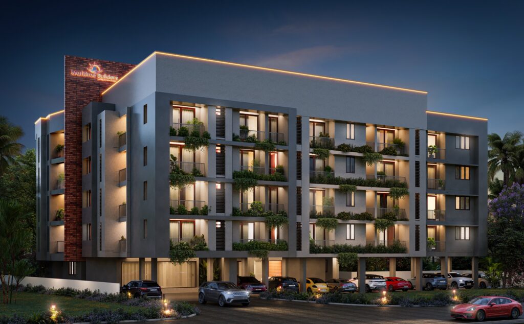 Maritime Elite apartment building at Nalanchira, Trivandrum: night view of the front elevation (artist’s impression)