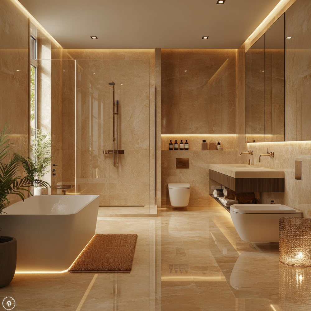 Apartment bathroom with a freestanding bathtub and glass shower