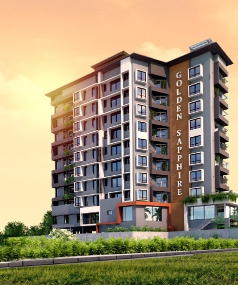 Golden Sapphire apartment building on MG Road, Kochi, by Maritime Builders, at sunset