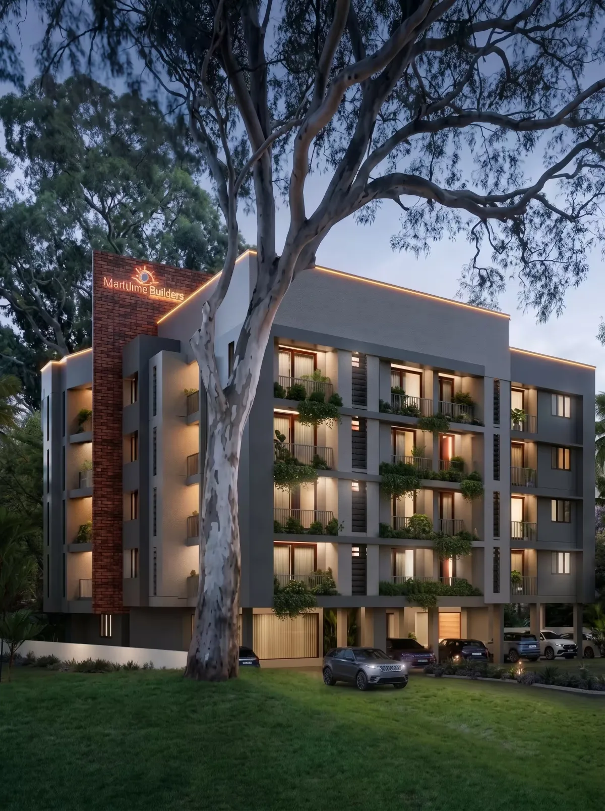 Maritime Elite apartment building at Nalanchira, Trivandrum, at dusk behind a large tree (artist’s impression)