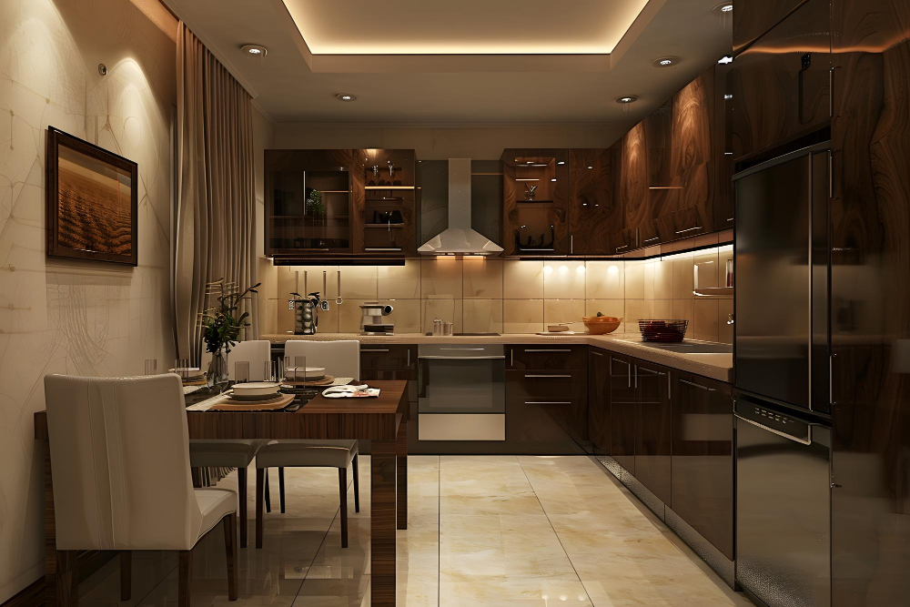 Modular kitchen with dark wood cabinets and a dining counter