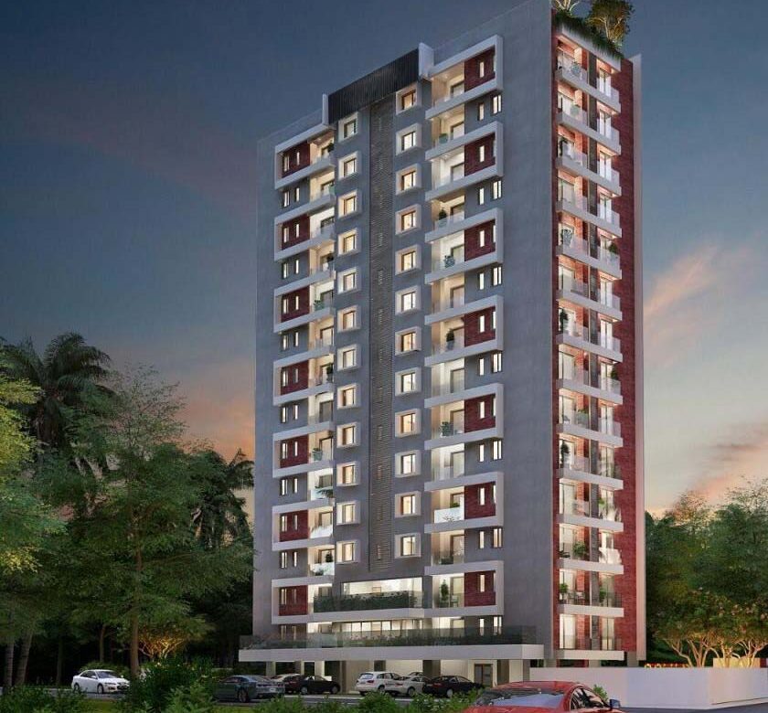 Nakshatra apartment tower at Panampilly Nagar, Kochi, at dusk